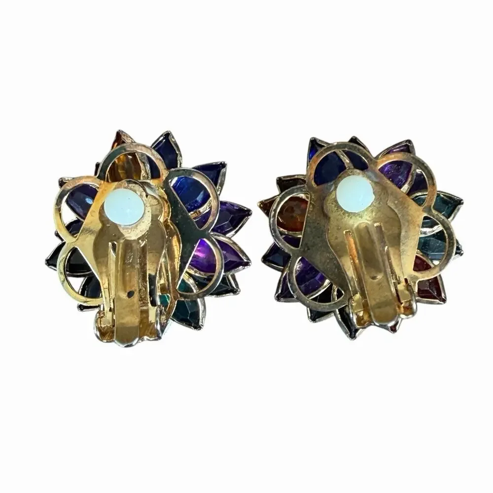 Vintage Multicolor Marquise Rhinestone Flower Earrings Faux Pearl Gold Tone